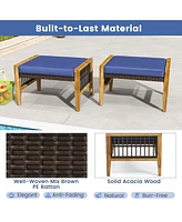 Skonyon Patio Acacia Wood Ottomans with Cushions and Versatile Rattan Woven Footstools-Navy