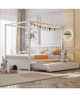 Gymax Full Size Canopy Bed with Trundle Wooden Platform Bed Frame Headboard Grey