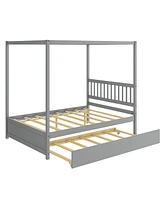 Gymax Full Canopy Bed with Trundle Wooden Platform Frame Headboard Grey