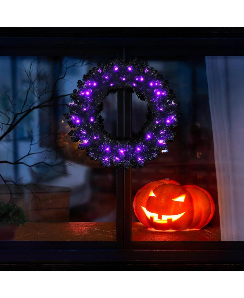 Skonyon 24 Inch Pre-lit Halloween Wreath with 35 Purple Led Lights