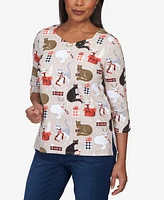 Alfred Dunner Petite Classic Cats Presents Top