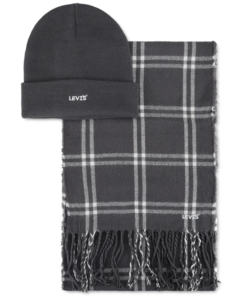 Levi's Men's Logo Beanie & Windowpane Scarf Set