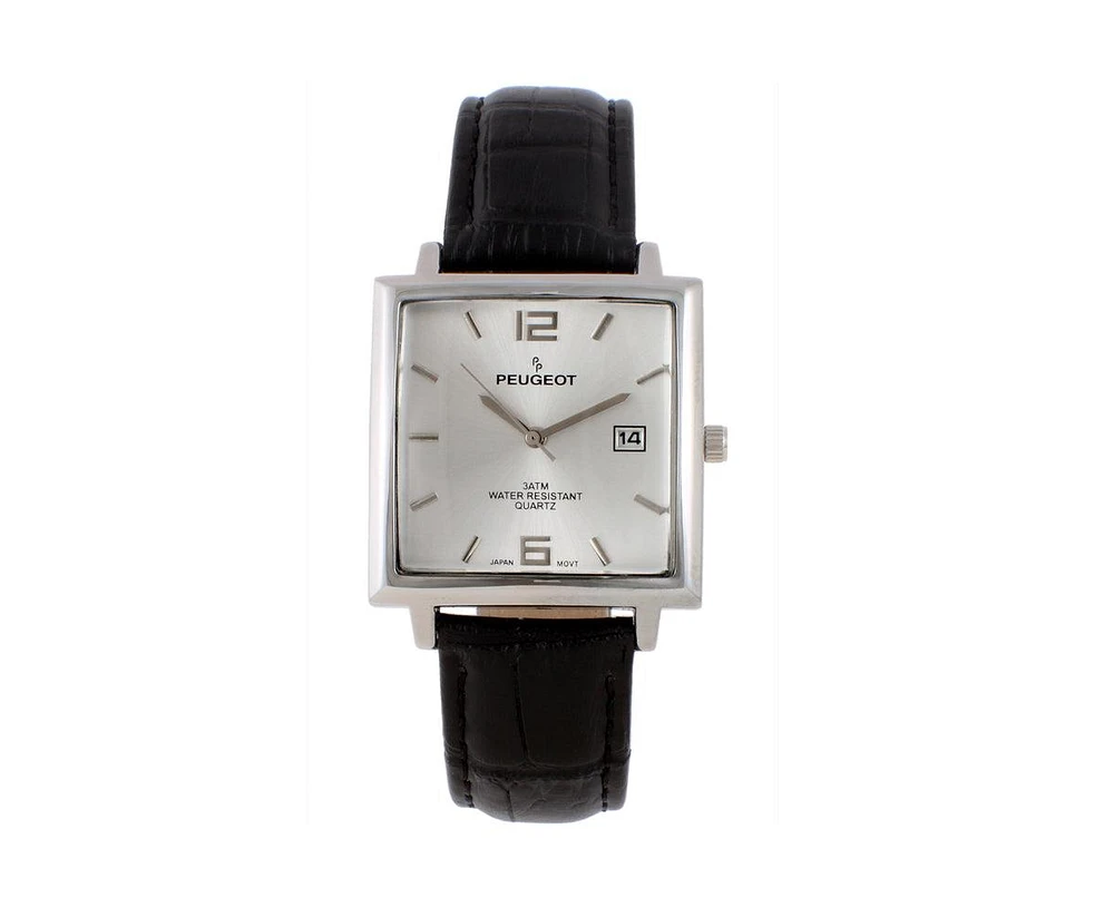 Peugeot Men's 35mm Silver Plated Square Watch with Black leather Strap