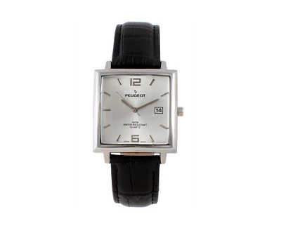 Peugeot Men's 35mm Silver Plated Square Watch with Black leather Strap