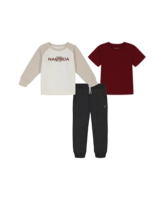 Nautica Little Boy Short Sleeve Tee, Raglan Crewneck Heather Joggers Set