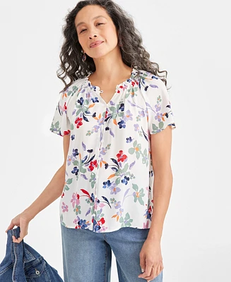 Style & Co Women's Printed Flutter-Sleeve Top, Created for Macy's