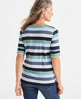 Style & Co Petite Block Striped Elbow-Sleeve Top, Created for Macy's