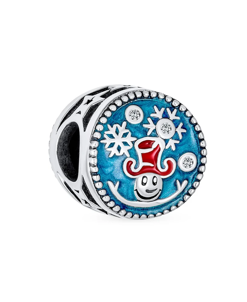 Bling Jewelry Frozen Winter Holiday Party Christmas Round Red Hat Bead Blue Enamel Snowflake Charm For Women Sterling Silver For European Bracelet