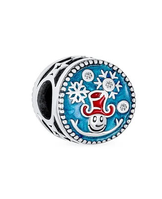 Bling Jewelry Frozen Winter Holiday Party Christmas Round Red Hat Bead Blue Enamel Snowflake Charm For Women Sterling Silver For European Bracelet