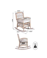 Jonathan Y Swayze Bohemian Farmhouse Woven Rattan/Wood Rocking Chair, White Cushion with Gray/White Wash Frame