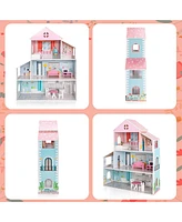 Costway Wooden Dollhouse For Kids 3-Tier Toddler Doll House W/Furniture Gift For Age 3+