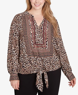 Ruby Rd. Plus Size Split Neck Embellished Animal Placement Print Tie Front Top