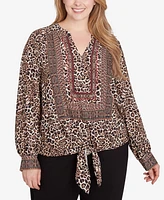 Ruby Rd. Plus Split Neck Embellished Animal Placement Print Tie Front Top