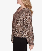 Ruby Rd. Plus Split Neck Embellished Animal Placement Print Tie Front Top