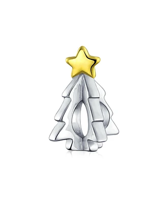 Bling Jewelry Festive Shining Star Decorated Holiday Christmas Tree Charm Bead Two Tone 14K Plated Oxidized Sterling Silver For Charm Bracelet For Wom