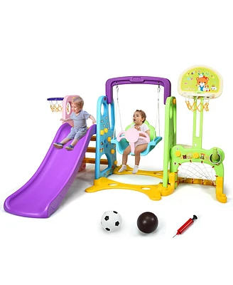 Costway 6 In 1 Toddler Climber and Swing Set w/ Basketball Hoop & Football Gate Backyard