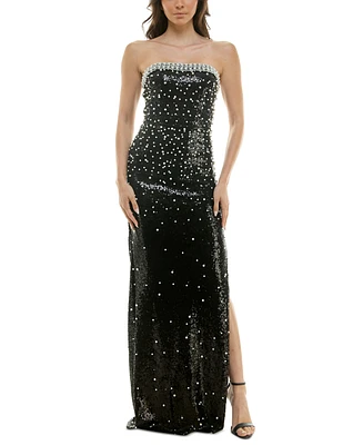 B Darlin Juniors' Faux-Pearl Sequin Embellished Strapless Gown