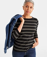 Style & Co Women's Striped Metallic 3/4 Sleeve Top, Created for Macy's