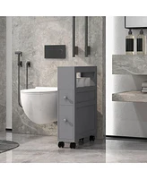 6.25" x 20.5" x 28.25" Wood Rolling Narrow Bathroom Side Storage Cabinet - Gray
