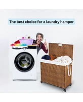 Brown Rattan Laundry Hamper with Lid, Removable Bags, and Wheels