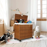 Streamdale Furniture Brown Rattan Laundry Hamper with Lid, Removable Bags, and Wheels