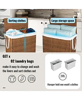 Streamdale Furniture Brown Rattan Laundry Hamper with Lid, Removable Bags, and Wheels