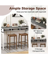 Bar Table with Power Outlets Counter Height Storage Compartments Wooden