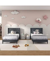 Sugift Twin Upholstered Platform Bed with Button Tufted Wingback Headboard-Blue