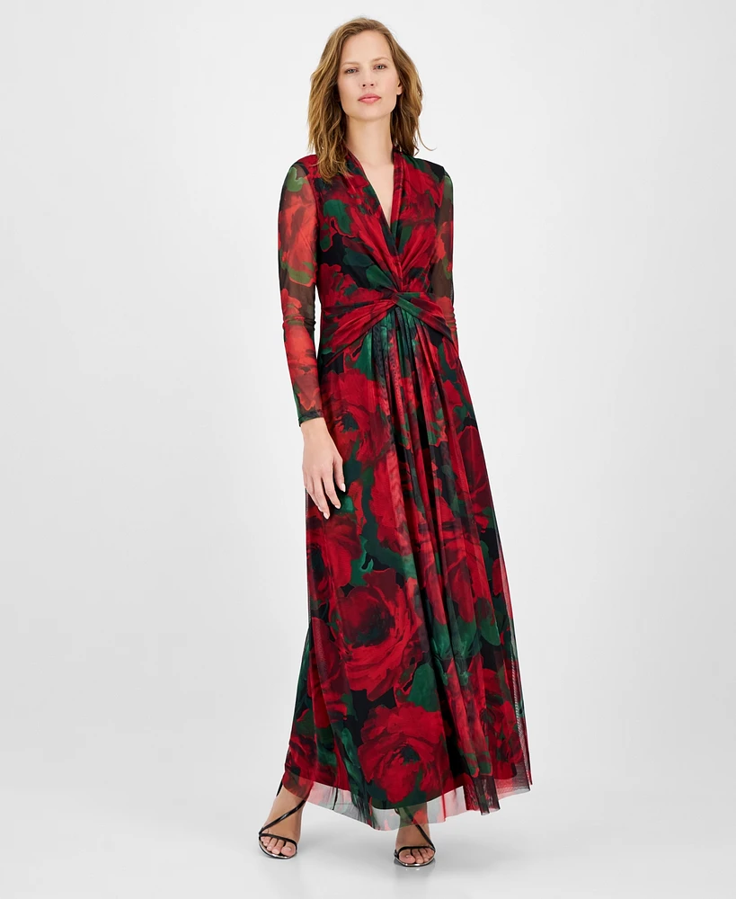 Anne Klein Women's Rose-Print Twist-Front Maxi Dress