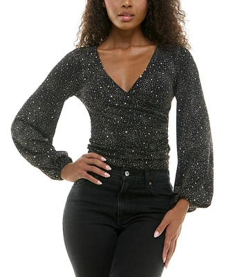 Alex & Sophia Glitter Side-Shirred V-Neck Top