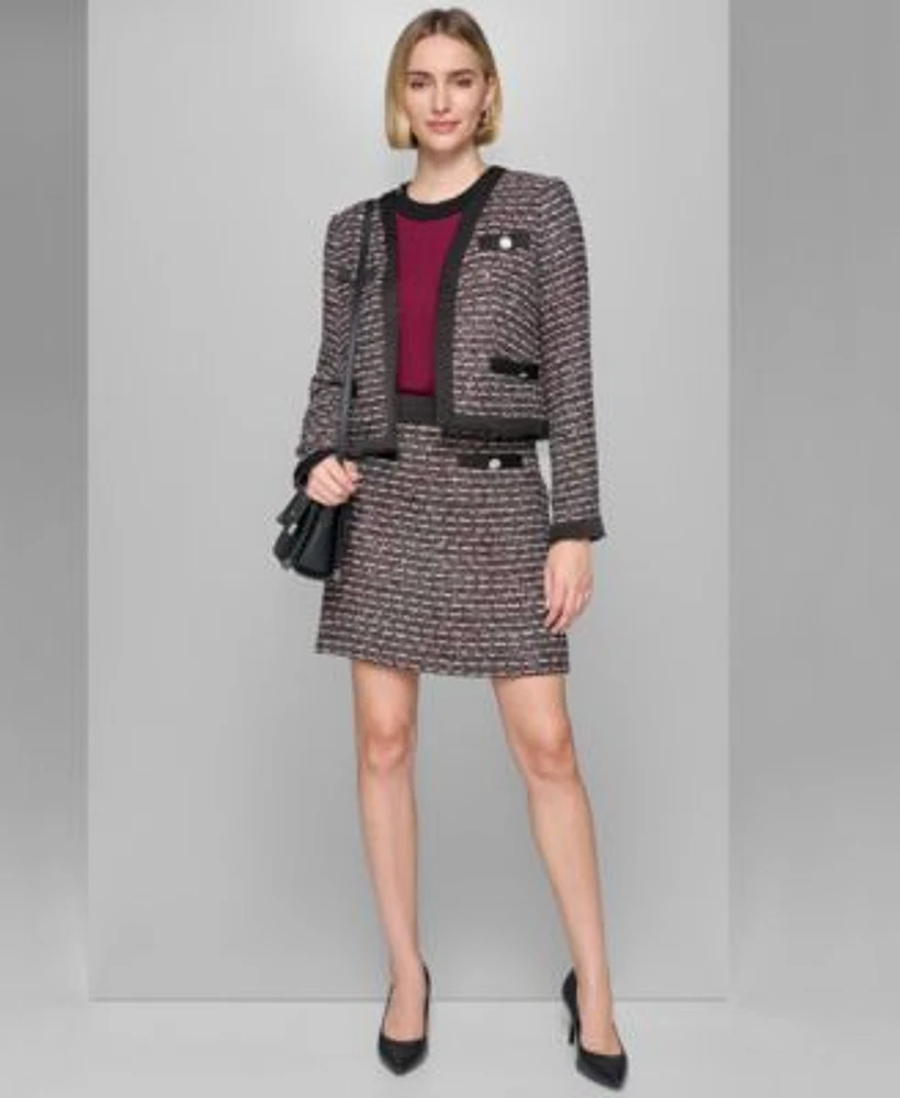 Karl Lagerfeld Paris Womens Open Front Tweed Jacket Crewneck Sleeveless Sweater Faux Pocket Mini Tweed Skirt