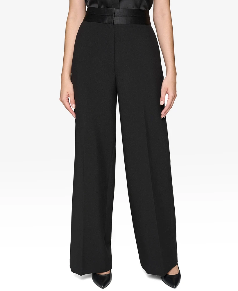 Karl Lagerfeld Paris Women's Satin-Waist Wide-Leg Pants