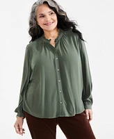 Style & Co Plus Pleated Mandarin-Collar Blouse, Exclusively at Macy's