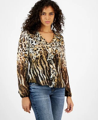 Guess Women's Marcelle Animal-Print Ruffled V-Neck Top