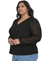 Karl Lagerfeld Paris Plus Size Beaded-Sleeve Knit Top, Created for Macy's