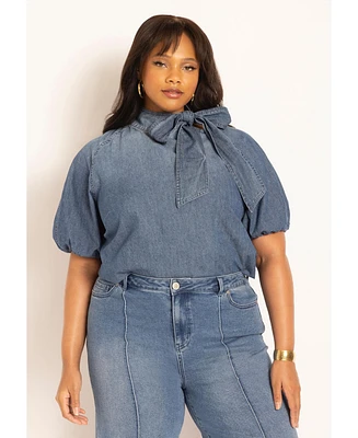 Eloquii Women's Puff Sleeve Chambray Tie Neck Top