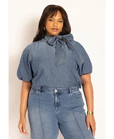 Eloquii Women's Puff Sleeve Chambray Tie Neck Top