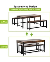 Tribesigns 63 Inch Large Dining Table Set for 4 to 6, Kitchen Breakfast Table with 2 Benches & Sided Drawer, 3-Piece Modern Industrial Bar Table Furni