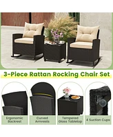 Sugift Patio Rattan Roker Chairs with Tempered Glass Table and Soft Cushions