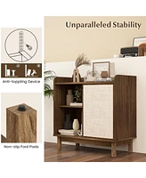 Sugift Rattan Buffet Sideboard Mid Century Floor Storage Cabinet with Sliding Door and Adjustable Shelves