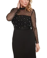 London Times Petite Beaded Illusion Mock-Neck Midi Dress