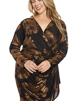 London Times Plus Foil-Flower Faux-Wrap Sheath Dress