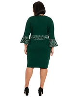 London Times Plus Contrast-Trimmed Bell-Sleeve Dress