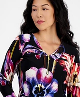 I.n.c. International Concepts Petite Floral-Print Zip-Front Blouse, Created for Macy's