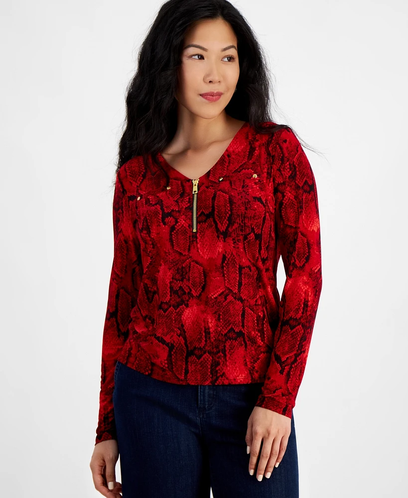 I.n.c. International Concepts Petite Snakeskin-Print Quarter-Zip Top, Created for Macy's