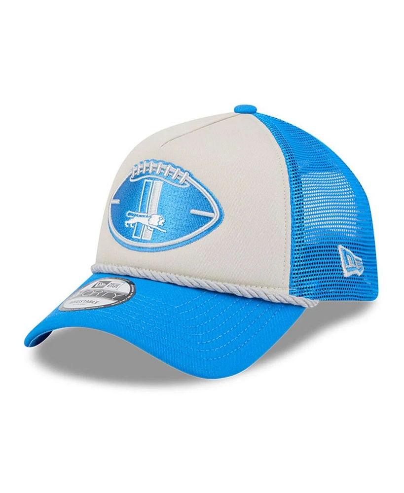 New Era Men's Stone/Blue Detroit Lions 2024 Sideline Historic 9FORTY A-Frame Trucker Adjustable Hat