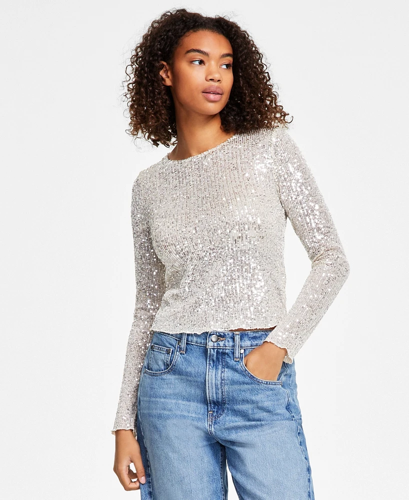 Lucky Brand Women's Sequin Long-Sleeve Layering Top