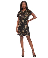 London Times Petite Floral-Sequin Short-Sleeve Dress