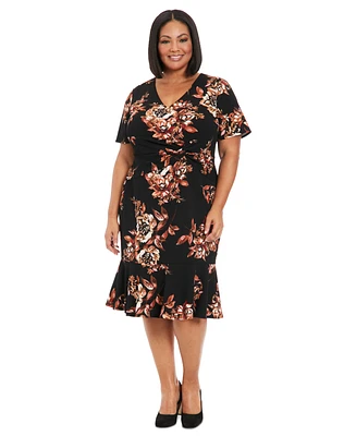 London Times Plus Floral Side-Knot V-Neck Dress