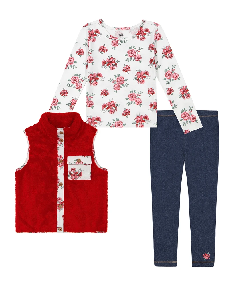 Kids Headquarters Little Girl Floral Trim Sherpa Vest & Leggings, 3 Piece Set